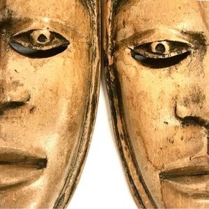 Vintage Masks Hand Carved Wooden Tribal Faces Exotic Folk Art Pair Sculptures